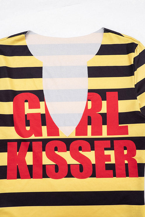 Striped Graphic V-Neck Long-Sleeve Crop Top