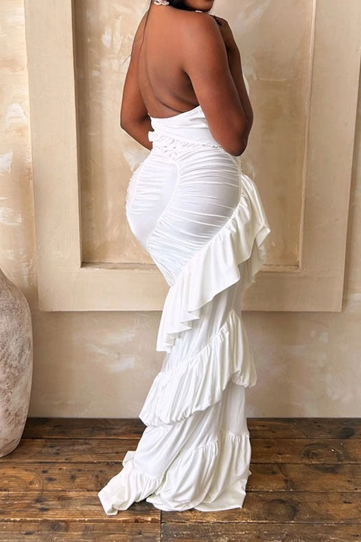 Plunging Halter Ruched Tiered Ruffle Maxi Dress