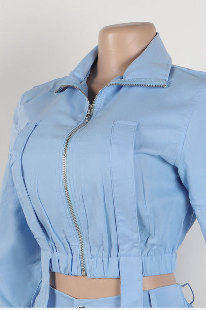 Long Sleeve Crop Jacket Pocket Cargo Pants Set