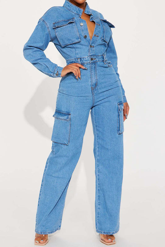Long Sleeve Denim Cargo Pocket Jumpsuit