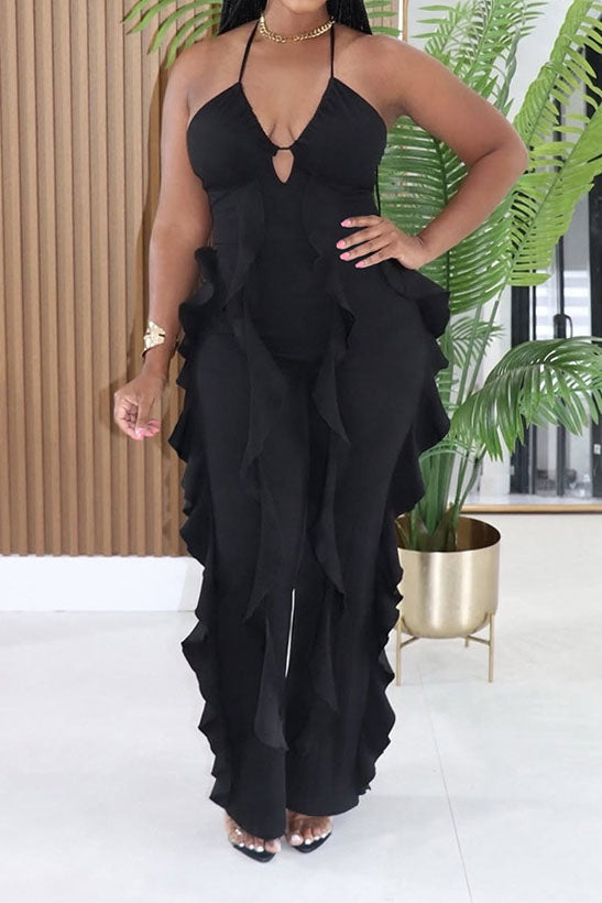 Ruffle-Trim Halter Wide-Leg Jumpsuit
