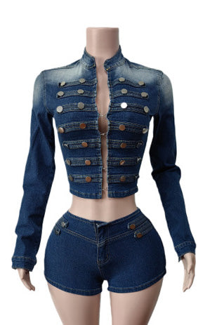 Military Denim Jacket & Shorts Set