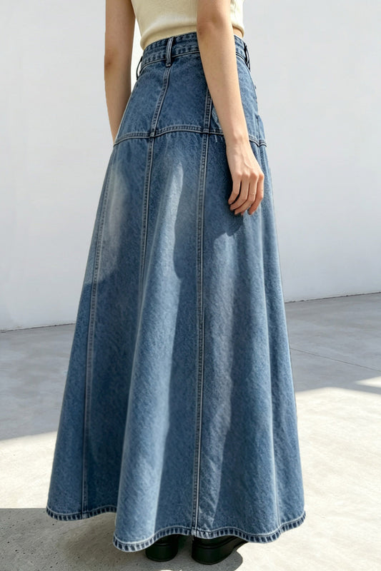 Button-Front A-Line Denim Maxi Skirt