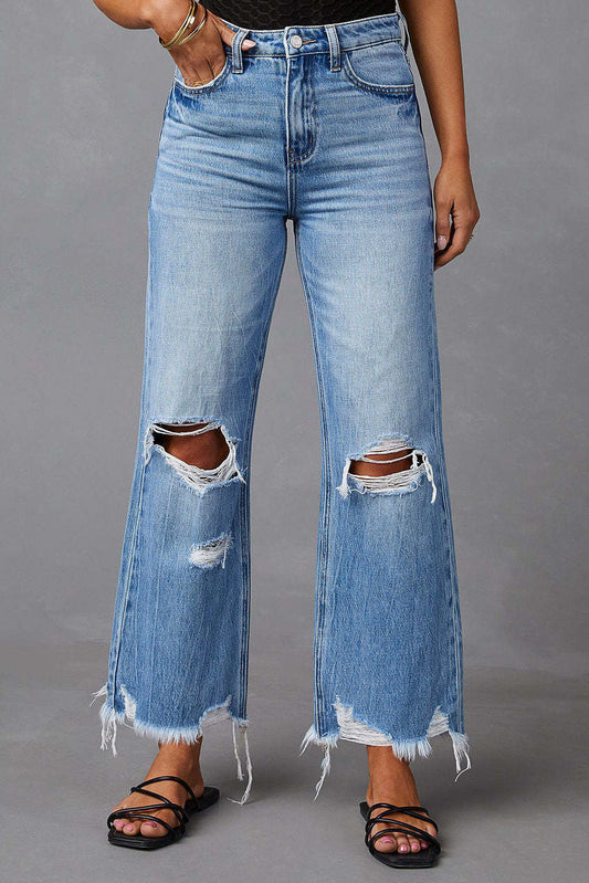 High Waist Distressed Raw Hem Cropped Jeans