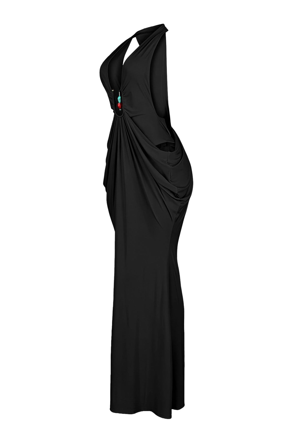 Plunging Halter Beaded Cutout Maxi Dress