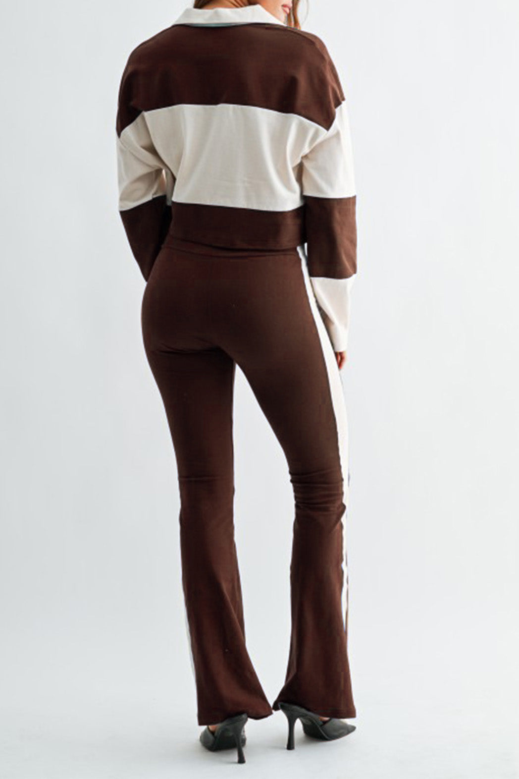 Colorblock Polo Top & Flare Pants Set