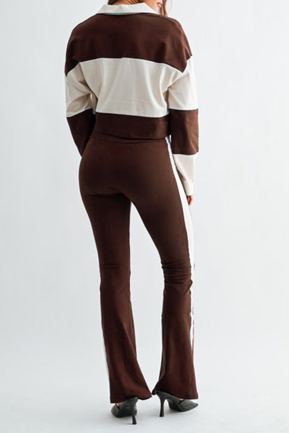 Colorblock Polo Top & Flare Pants Set