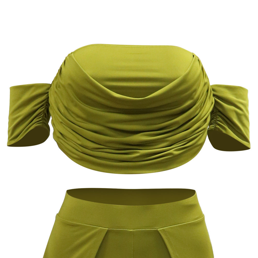 Strapless Top Slit Wide Leg Pant Sets