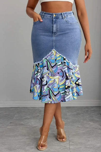 Plus Size Floral Patchwork Denim Skirt