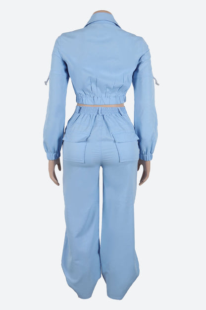 Long Sleeve Crop Jacket Pocket Cargo Pants Set