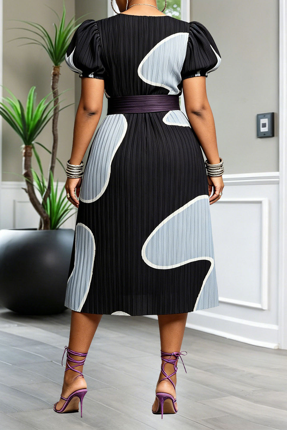 Abstract Puff Sleeve Pleated Dress