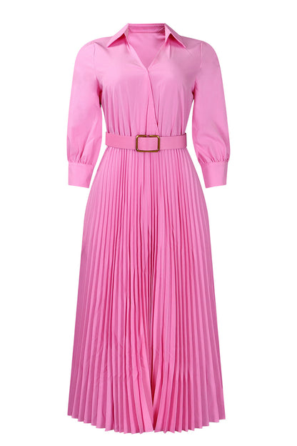 Solid Color Cinched Waist Pleated Long Dress