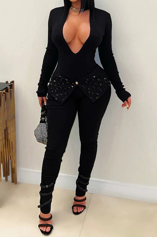 V-Neck Rhinestone Jumpsuit