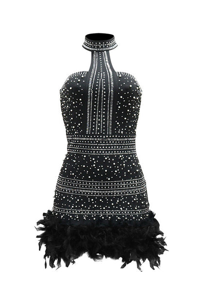 Rhinestone Halter Feather Trim Mini Dress