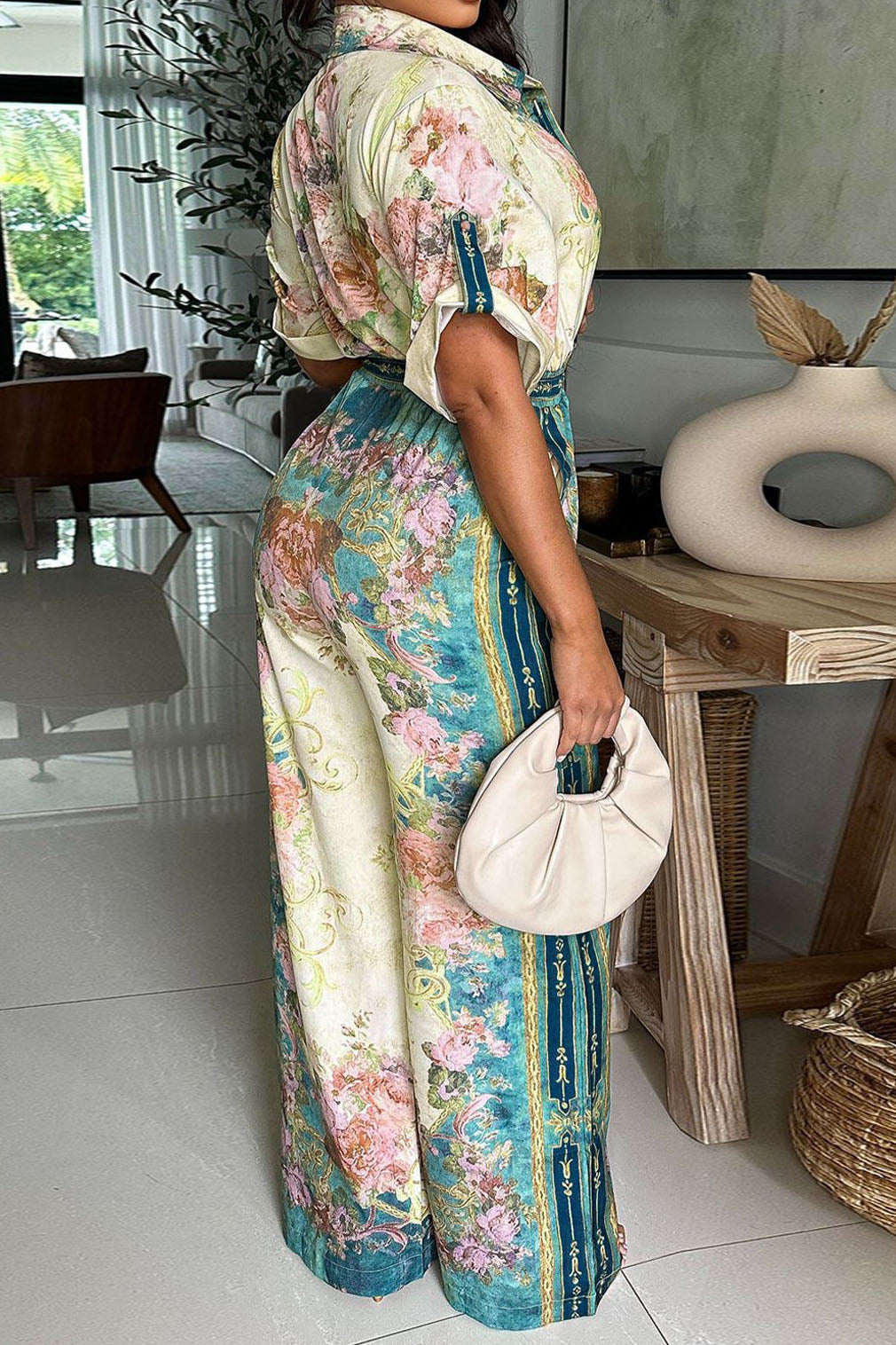 Floral Collared Wide Leg Jumpsuit