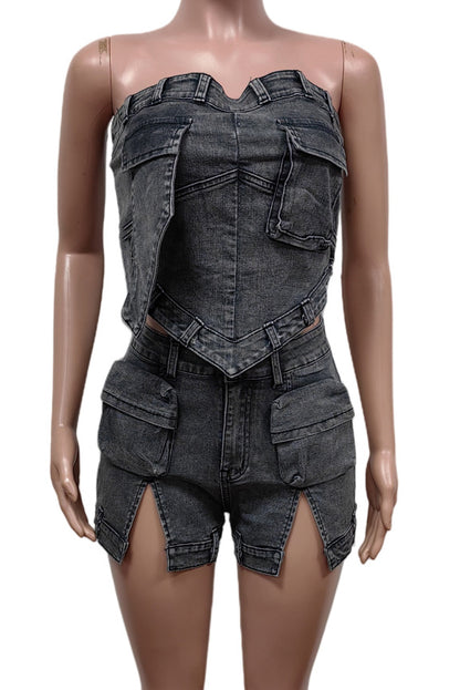 Denim Slit Elastic Shorts Set