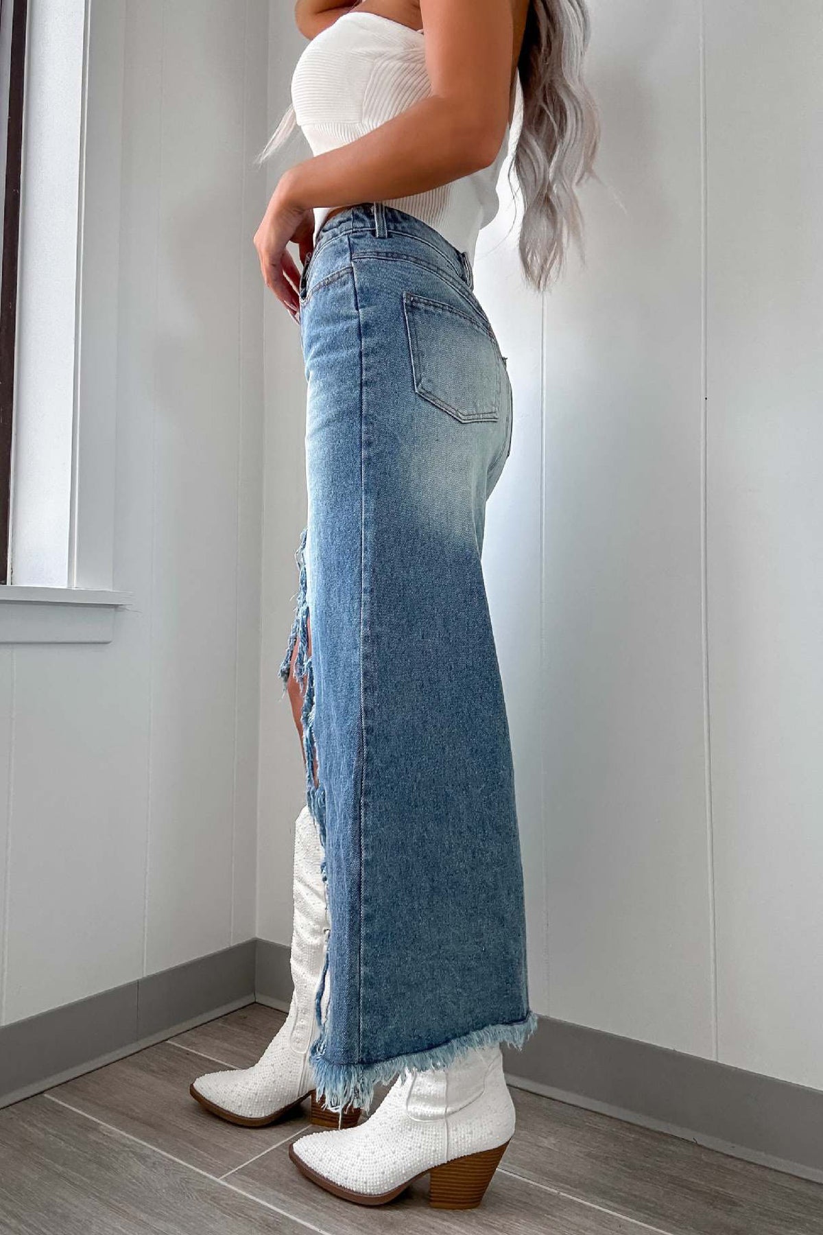 Distressed Irregular Tassel High Waist Denim Skirt