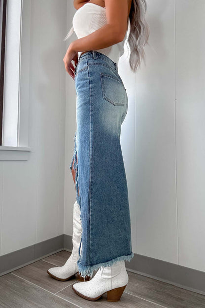 Distressed Irregular Tassel High Waist Denim Skirt