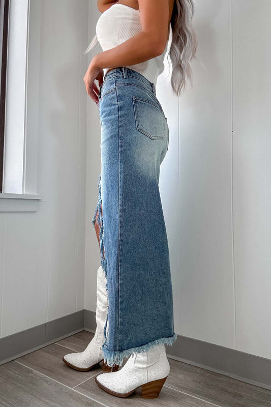 Distressed Irregular Tassel High Waist Denim Skirt
