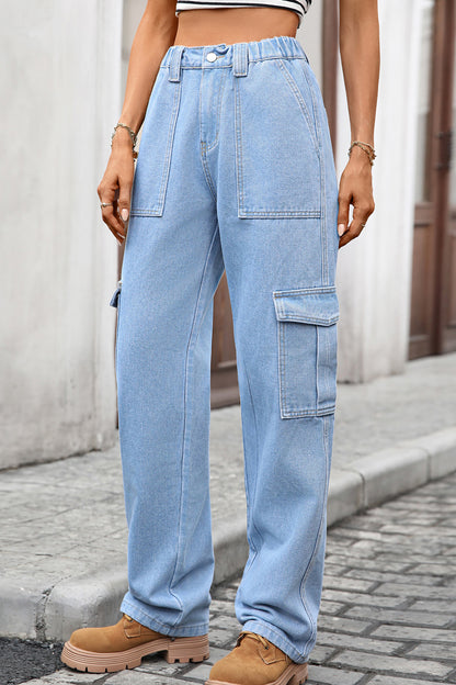 High Waist Elastic Baggy Cargo Jeans