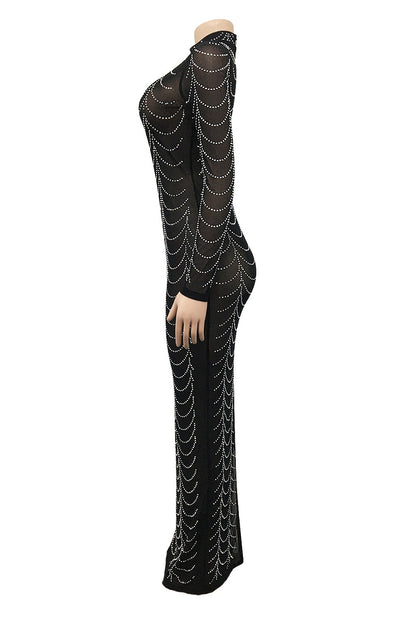 Rhinestone Long-Sleeve Sheer Maxi Dress