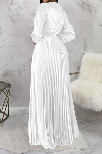 Faux Silk Pleated Tie-Waist Maxi Dress