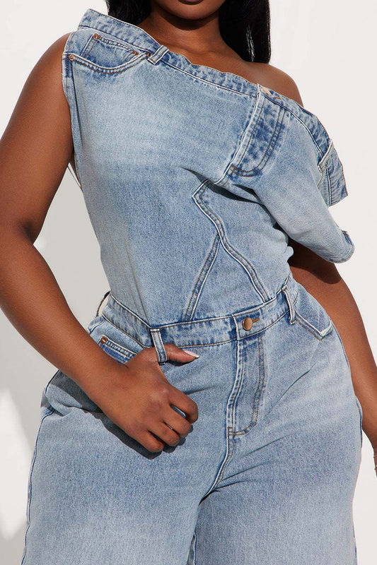 Strapless Off-Shoulder Slim Denim Jumpsuit