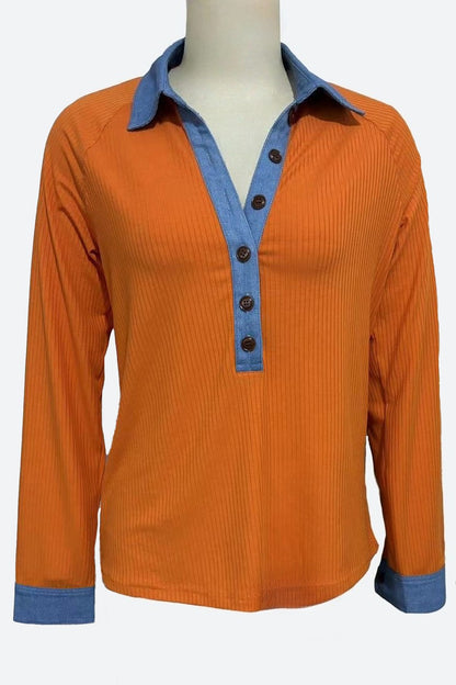 Denim Collar Long Sleeve Knit Pullover Top