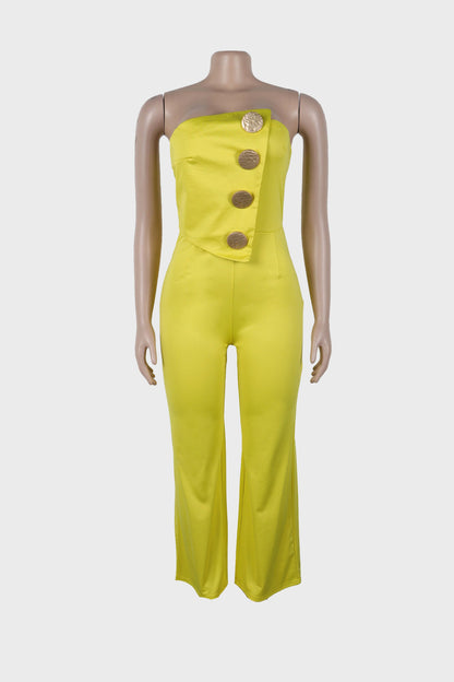 Off Shoulder Button Strapless Irregular Jumpsuits