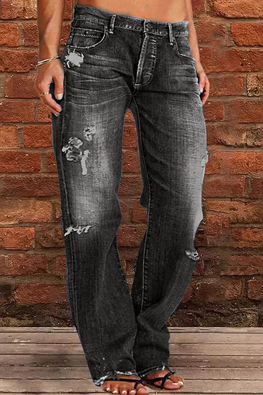 Distressed Mid-Rise Straight Leg Jeans