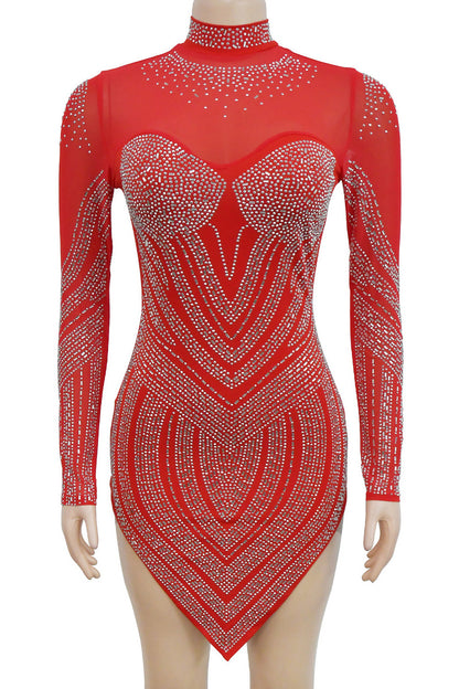 Rhinestone Embellished Sheer Mesh Mini Dress