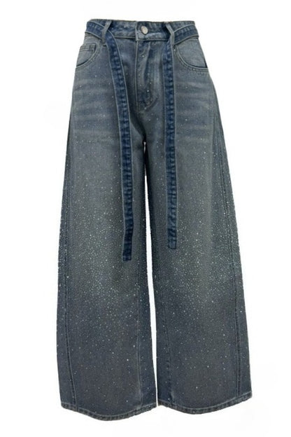 Rhinestone Sparkle Wide Leg Jeans High Waisted