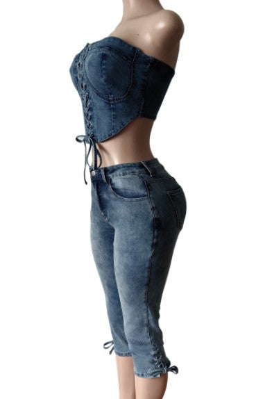 Denim Corset Top Lace-Up & Mid-Thigh Shorts Set