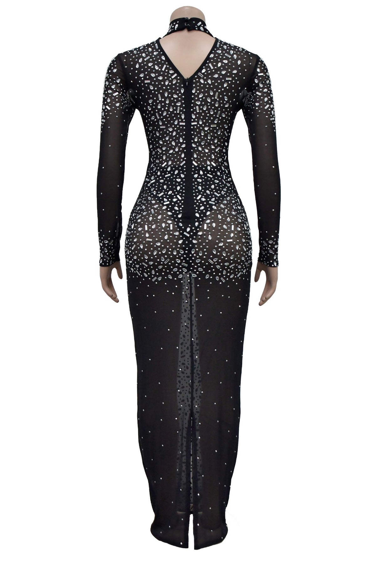 Mesh Rhinestone Long Sleeve Maxi Dress