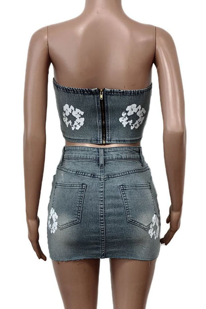 Printed Strapless Elastic Denim Skirt Set