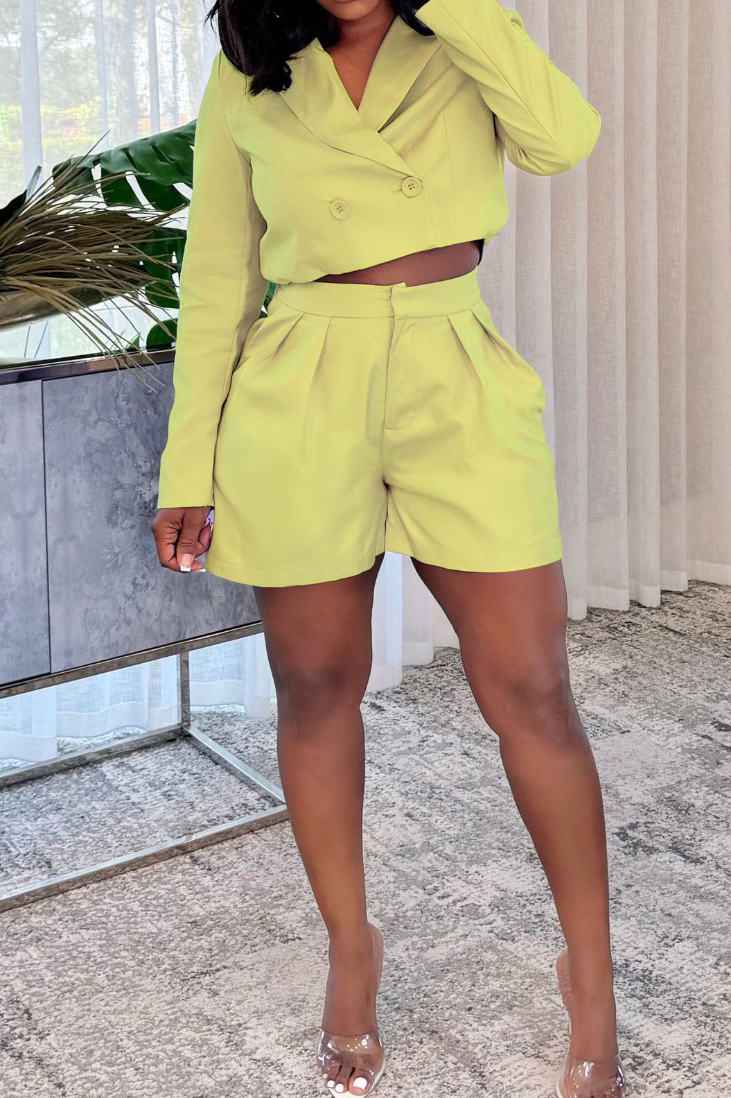 Elegant Blazer Long Sleeve Shorts Set