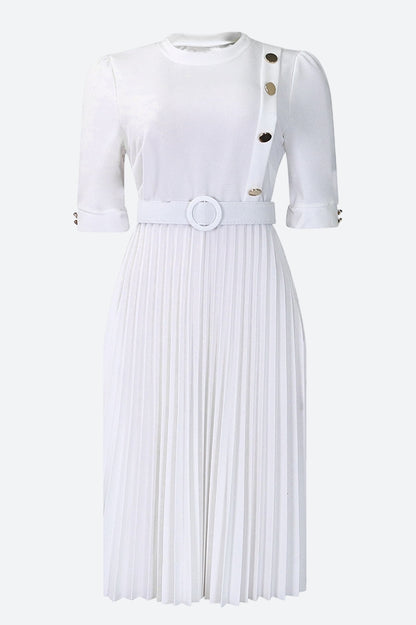 Elegant Half Sleeve O-Neck Solid Midi Dress