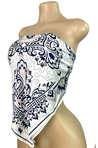 Printed Strapless Scarf Top with Tie Back