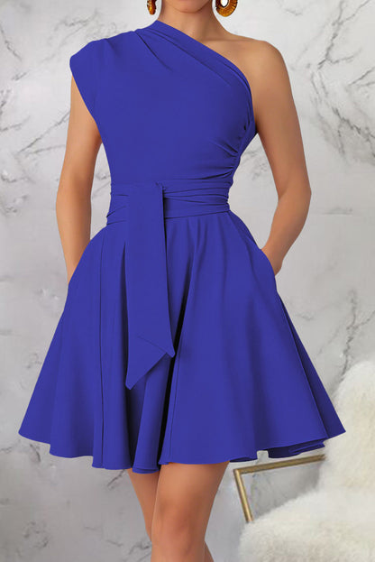 One-Shoulder Tie-Waist Pleated Mini Dress