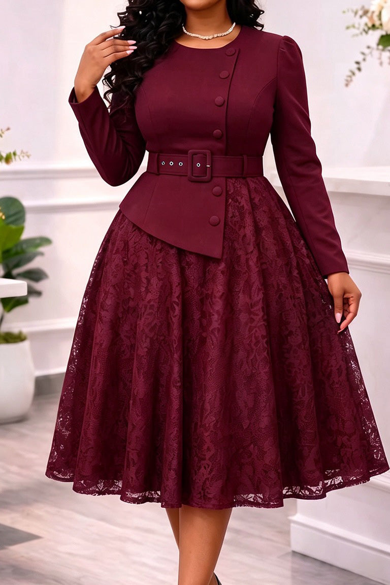 Belted Jacket Lace A Line Midi Dress