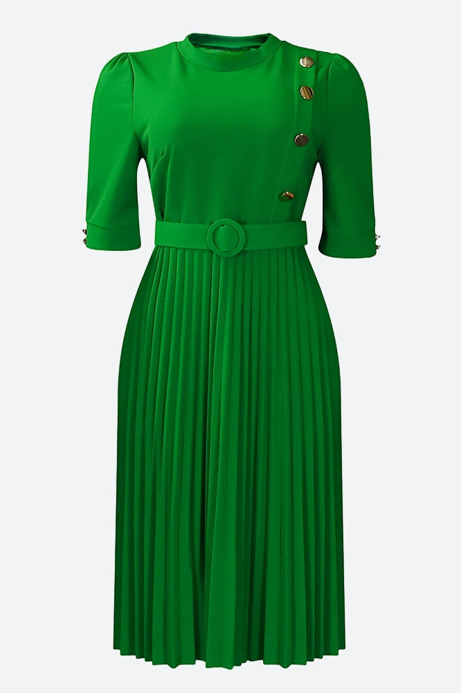 Elegant Half Sleeve O-Neck Solid Midi Dress