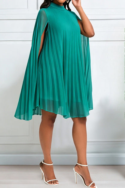 Pleated Cape Sleeve A Line Midi Dress