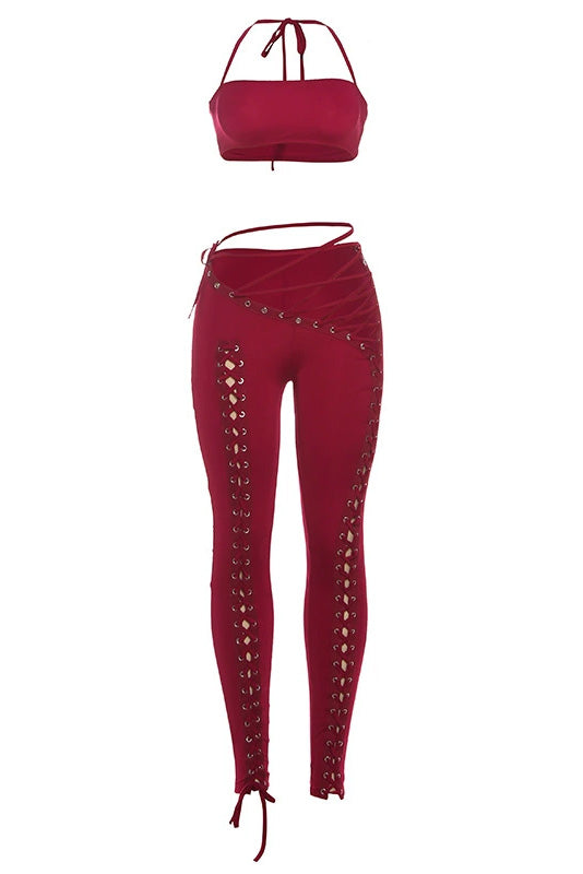 Crop Top and Lace-Up Pants 2-Piece Set