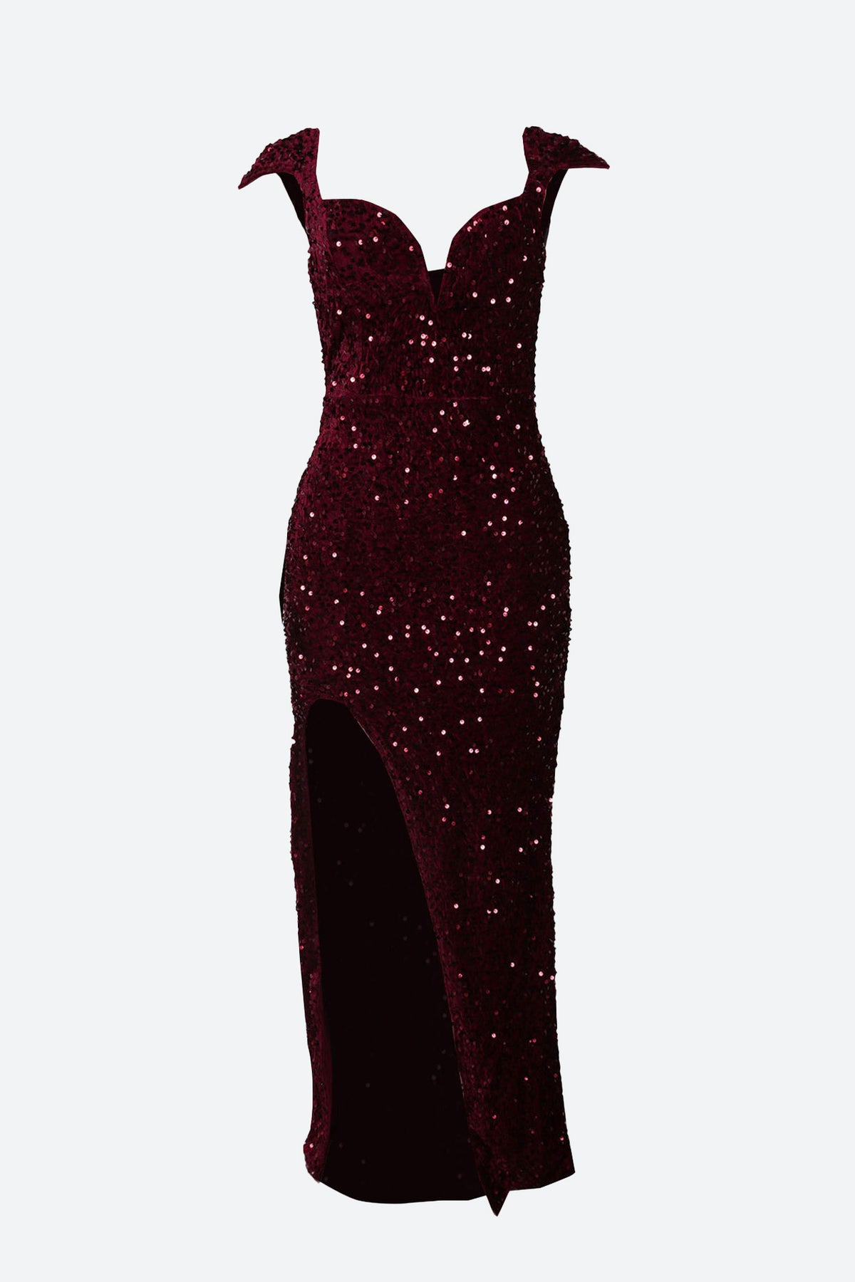 Burgundy Sequin Corset Slit Sweep Dress