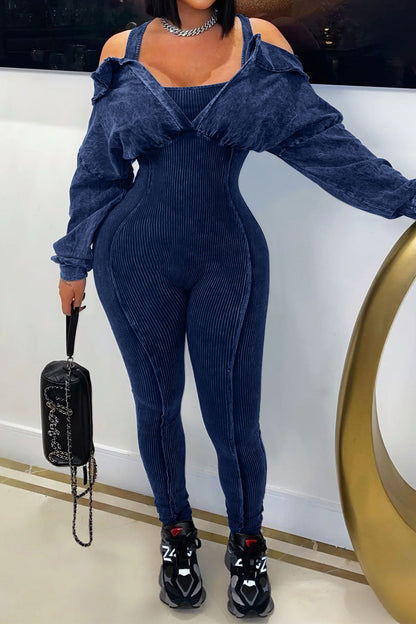 Off-Shoulder Mineral Wash Ribbed Jumpsuit