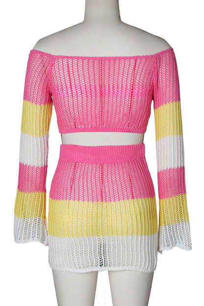 Crochet Long Sleeve Crop Top Skirt Sets