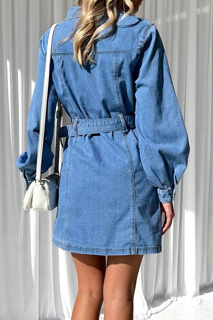 Belted Button-Down Denim Mini Shirt Dress