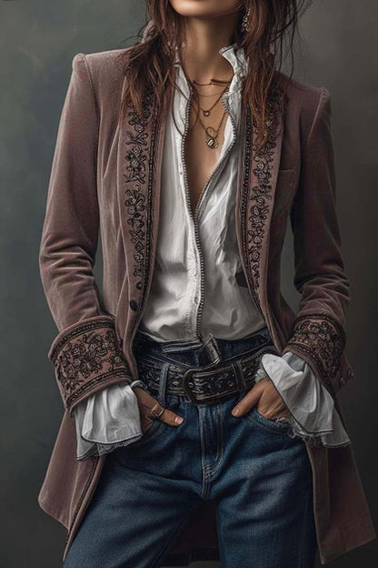 Velvet Embroidered Long Jacket