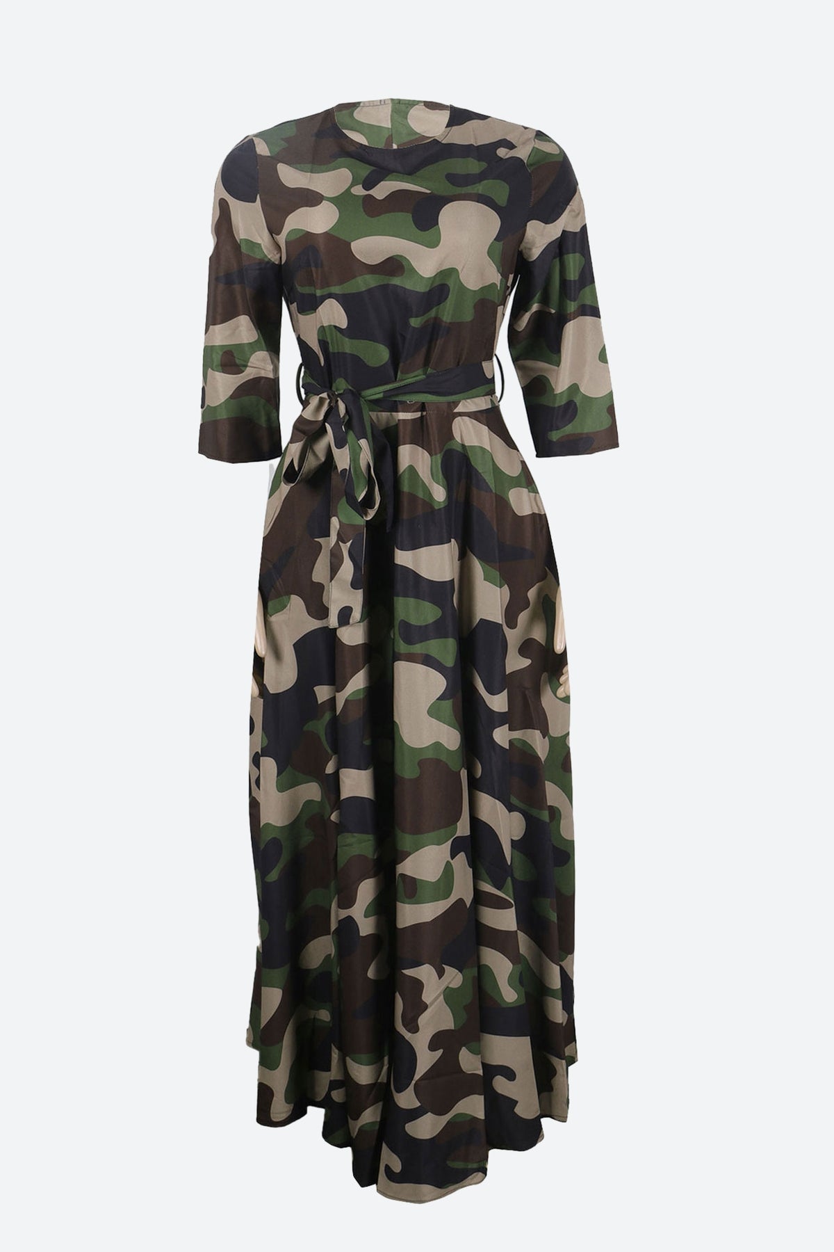 Print Crew Neck Half Sleeve Belted Dress