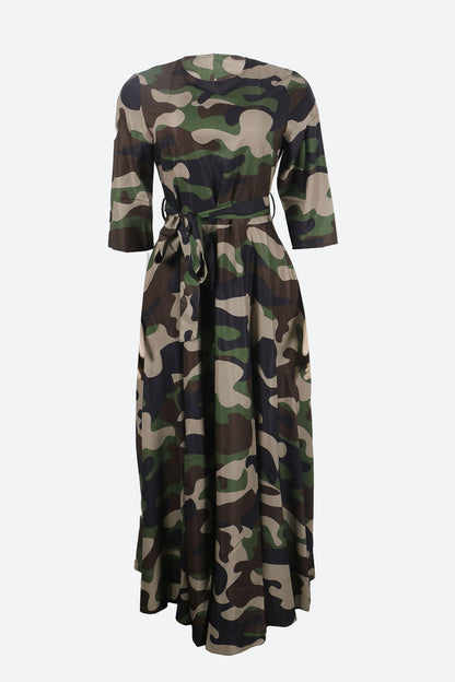 Print Crew Neck Half Sleeve Belted Dress